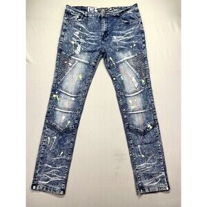 LR Scoop Jeans Womens Size 34x32 Slim Denim Blue Paint Splatter‎